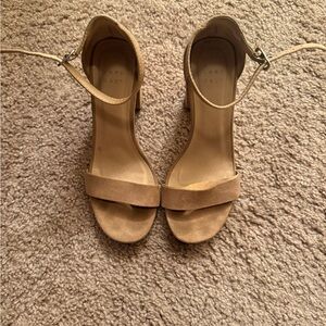 Tan Suede Ankle-Strap Block Heel Sandals